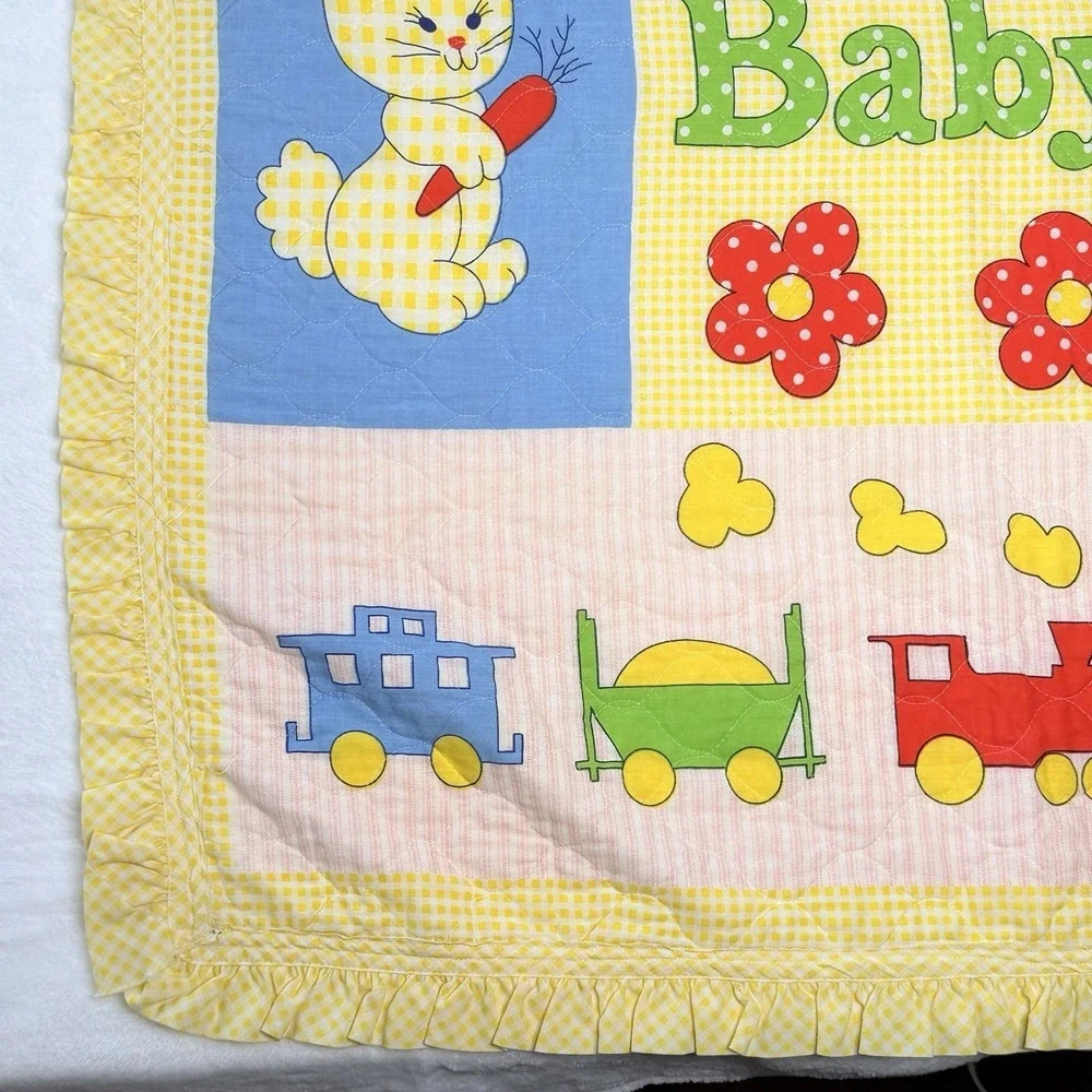 VTG That's Our Baby Crib Quilt Blanket Teddy Bear Bunny Duck Ruffle Trim Nursery